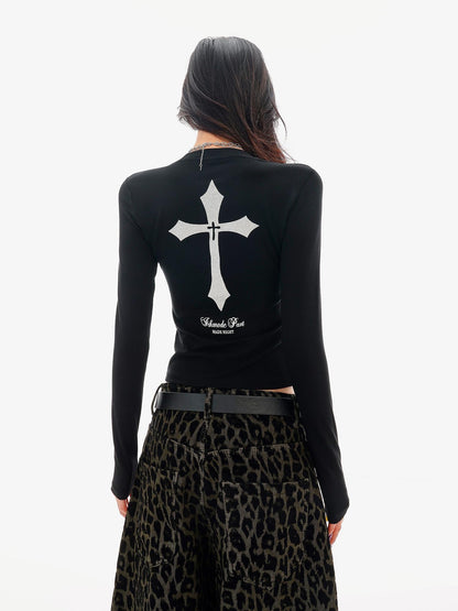 QIUQIU STUDIO Black Letter Print Slim Fit Crew Neck Women&