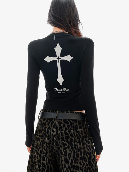 QIUQIU STUDIO Black Letter Print Slim Fit Crew Neck Women&