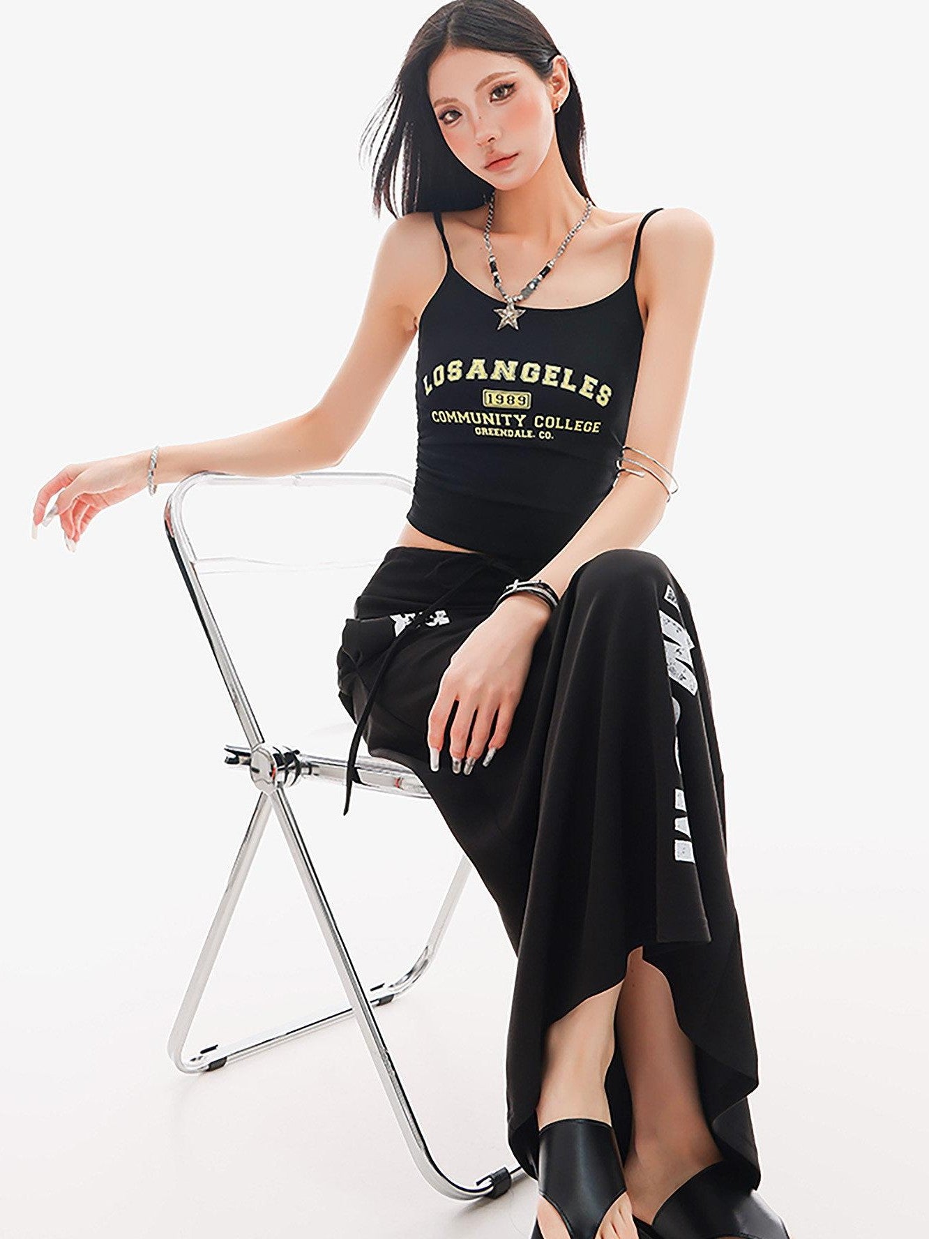 QIUQIU STUDIO Black Lettering Cropped Slim Fit Women&