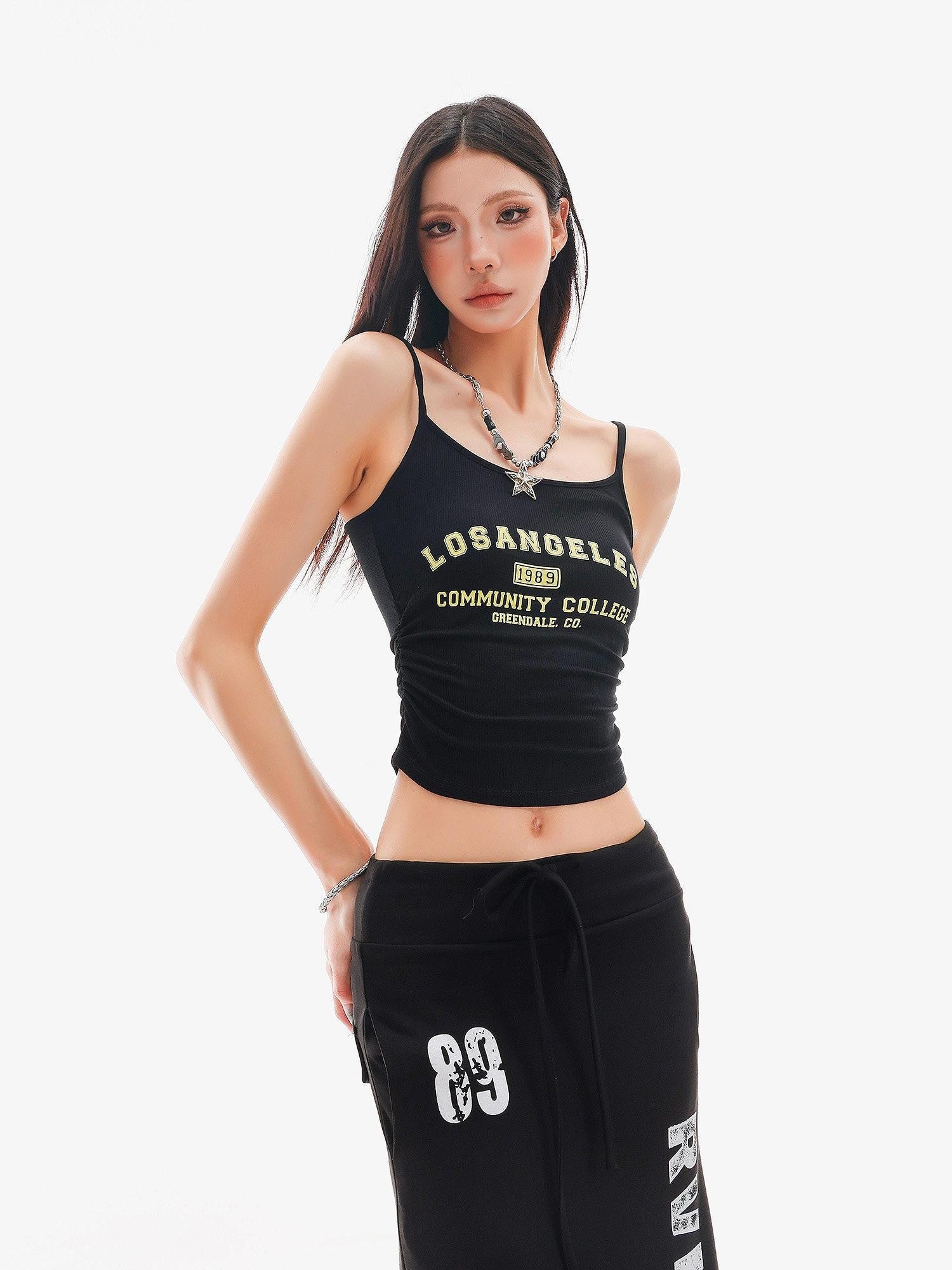 QIUQIU STUDIO Black Lettering Cropped Slim Fit Women&