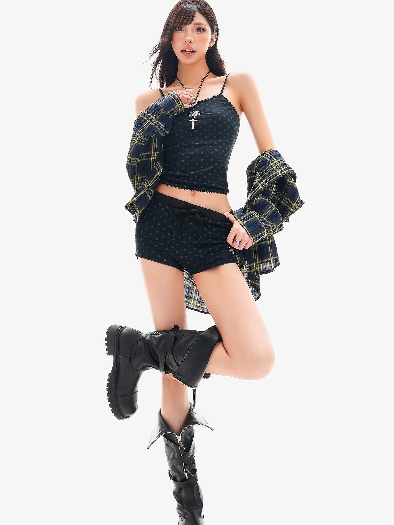 QIUQIU STUDIO Black Polka Dot Elastic Waist Slim Hip Hugging Women&