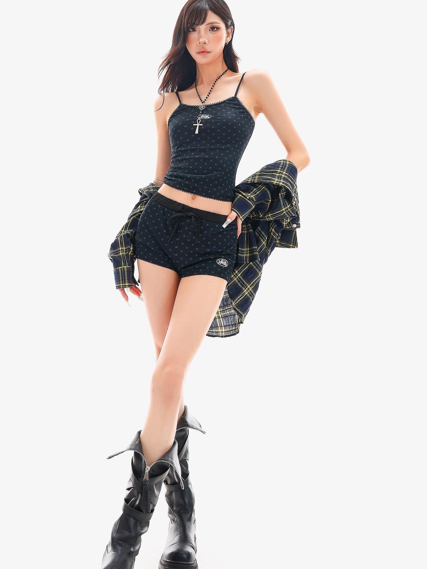 QIUQIU STUDIO Black Polka Dot Elastic Waist Slim Hip Hugging Women&