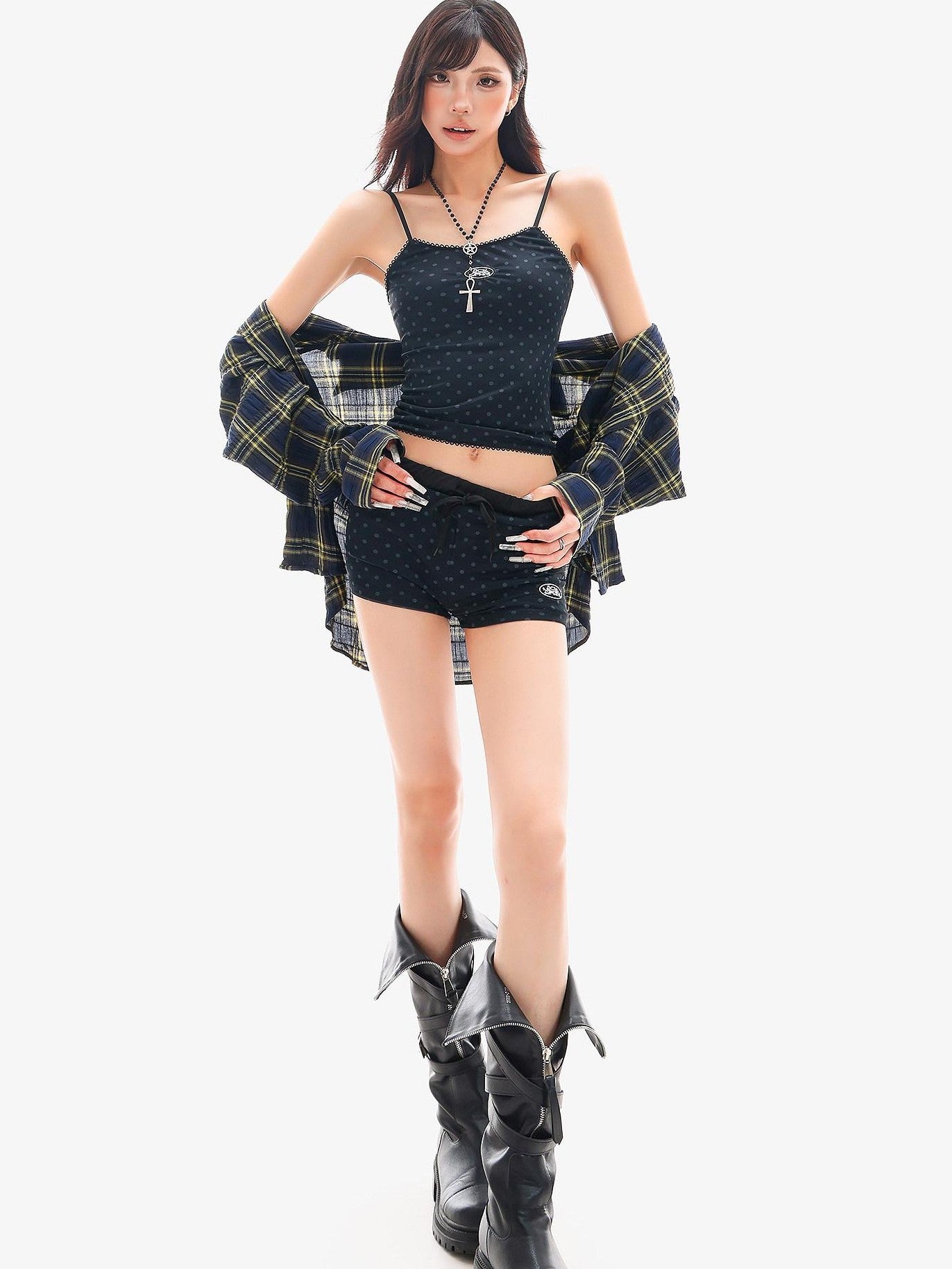 QIUQIU STUDIO Black Polka Dot Elastic Waist Slim Hip Hugging Women&