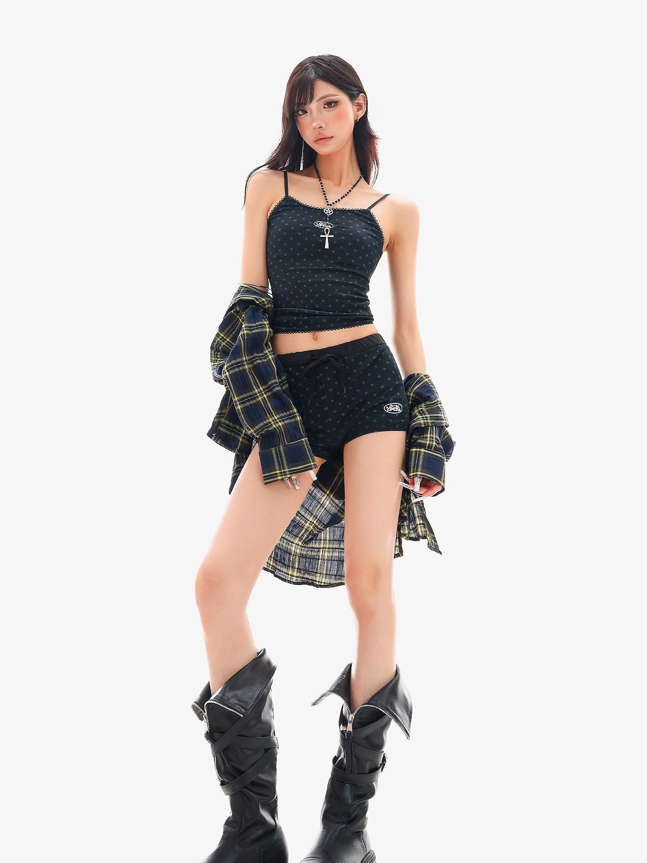 QIUQIU STUDIO Black Polka Dot Elastic Waist Slim Hip Hugging Women&