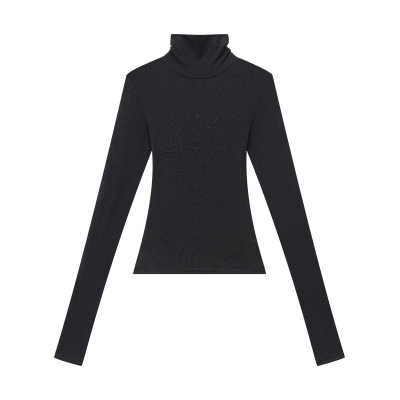 QIUQIU_STUDIO_Black_Rhinestone_High_Neck_Pullover_Slim_Fit_Women&