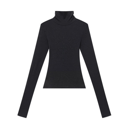 QIUQIU_STUDIO_Black_Rhinestone_High_Neck_Pullover_Slim_Fit_Women&