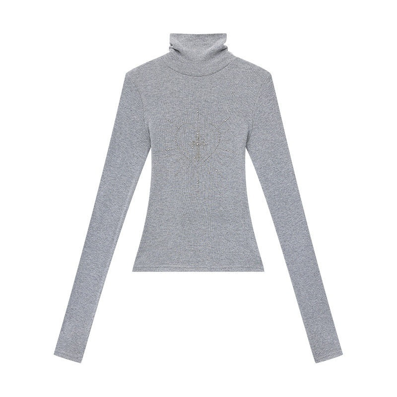 QIUQIU_STUDIO_Black_Rhinestone_High_Neck_Pullover_Slim_Fit_Women&