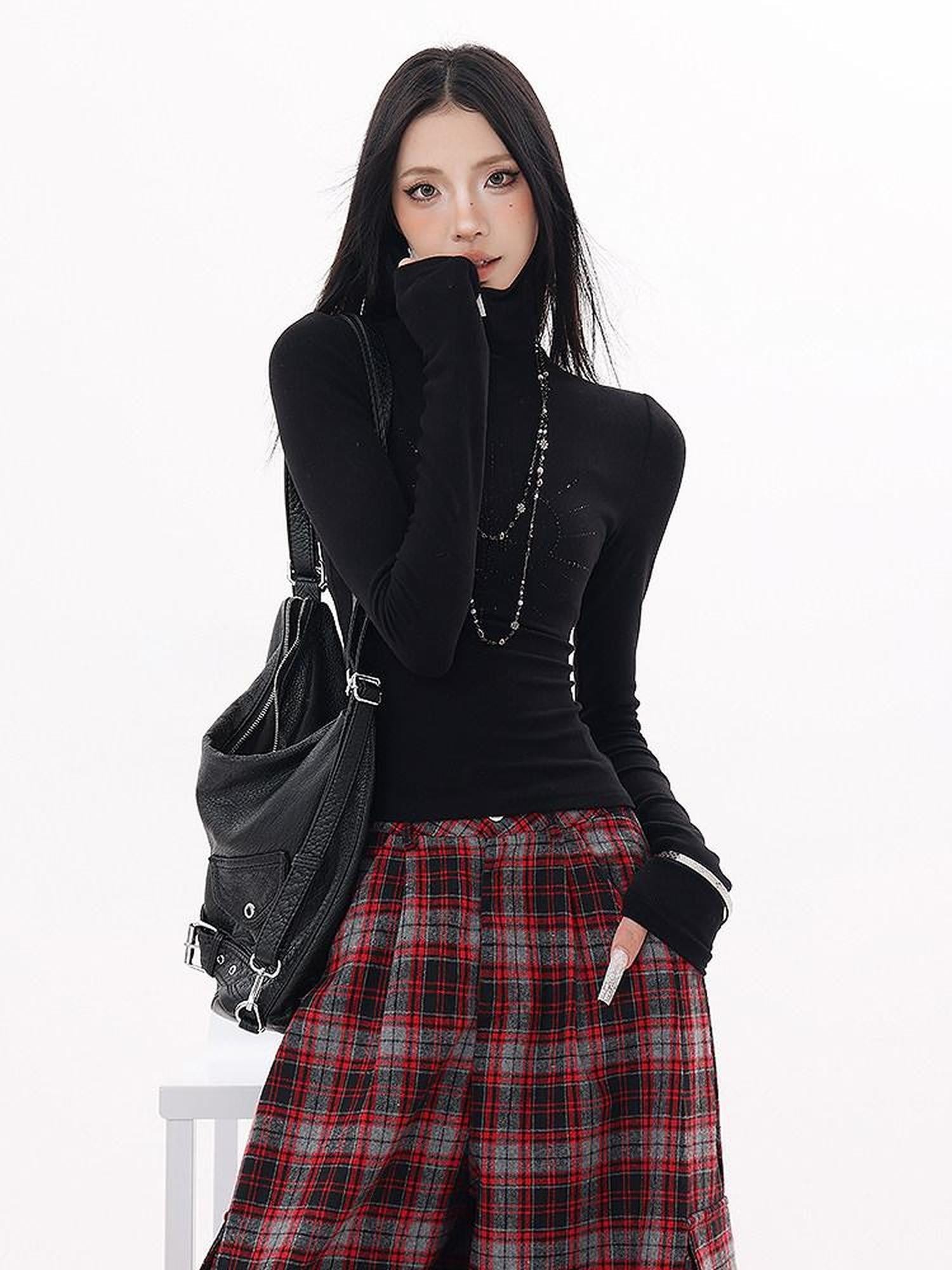 QIUQIU STUDIO Black Rhinestone High Neck Pullover Slim Fit Women&