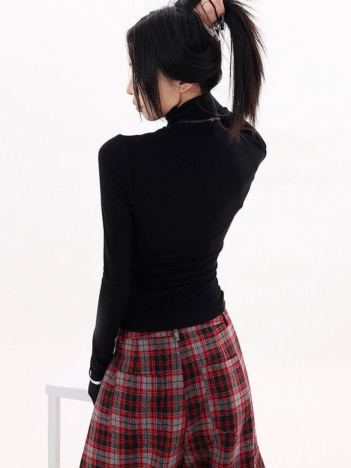 QIUQIU STUDIO Black Rhinestone High Neck Pullover Slim Fit Women&