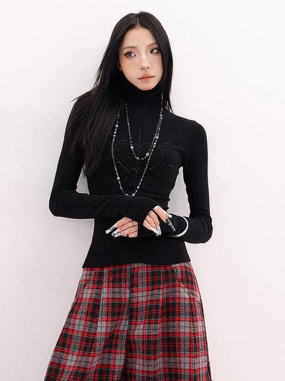 QIUQIU STUDIO Black Rhinestone High Neck Pullover Slim Fit Women&