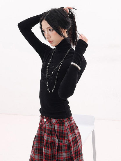 QIUQIU STUDIO Black Rhinestone High Neck Pullover Slim Fit Women&