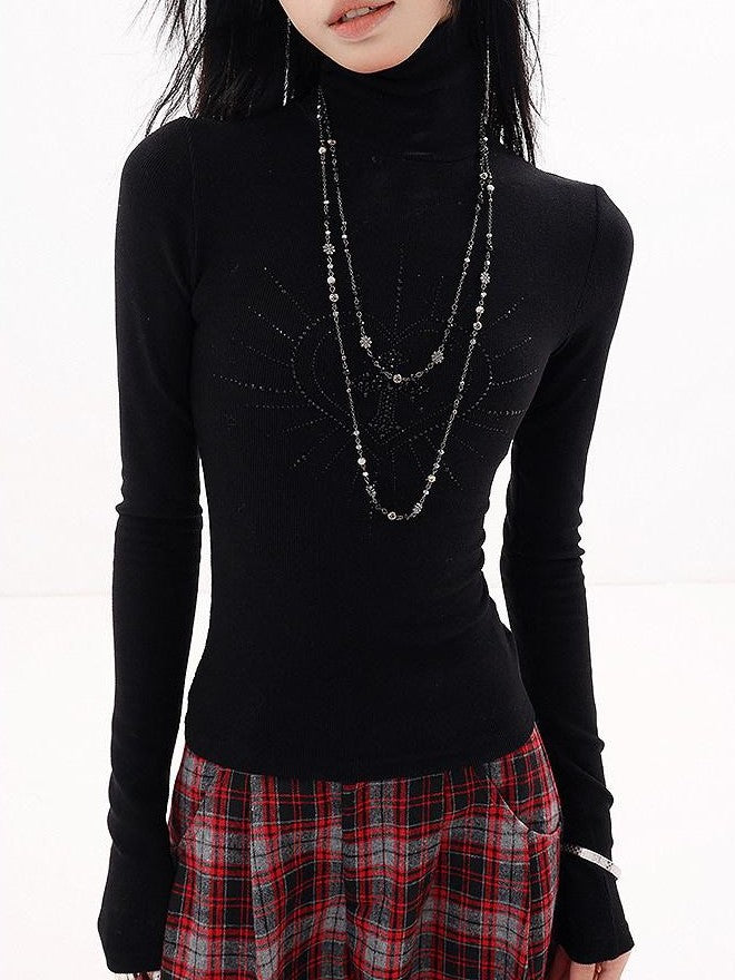 QIUQIU STUDIO Black Rhinestone High Neck Pullover Slim Fit Women&