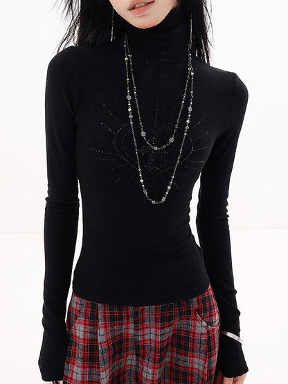 QIUQIU STUDIO Black Rhinestone High Neck Pullover Slim Fit Women&