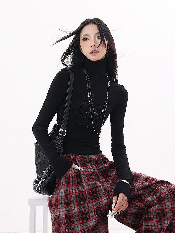 QIUQIU STUDIO Black Rhinestone High Neck Pullover Slim Fit Women&
