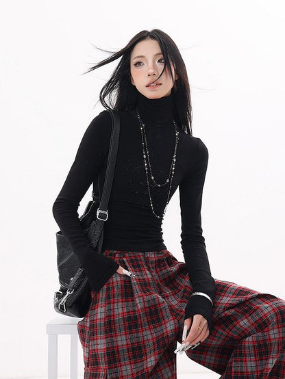 QIUQIU STUDIO Black Rhinestone High Neck Pullover Slim Fit Women&