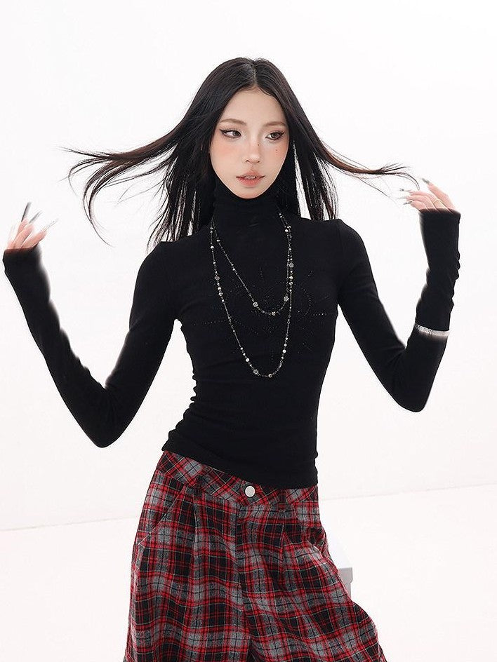 QIUQIU STUDIO Black Rhinestone High Neck Pullover Slim Fit Women&