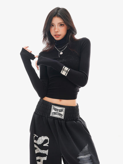 QIUQIU STUDIO Black Rhinestone High Neck Slim Fit Women&