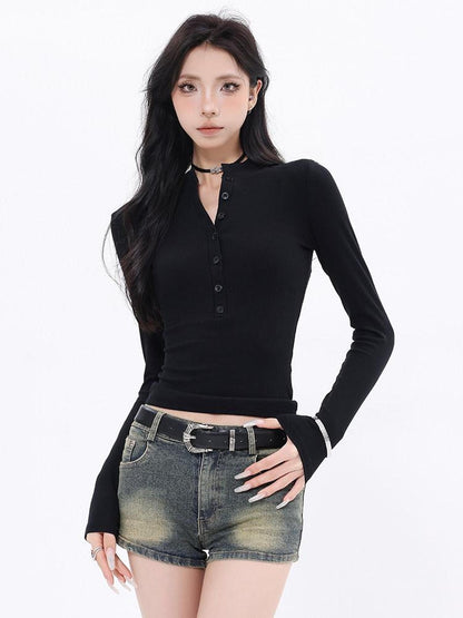 QIUQIU STUDIO Black Stretch Ribbed Open Placket Cross Print Women&