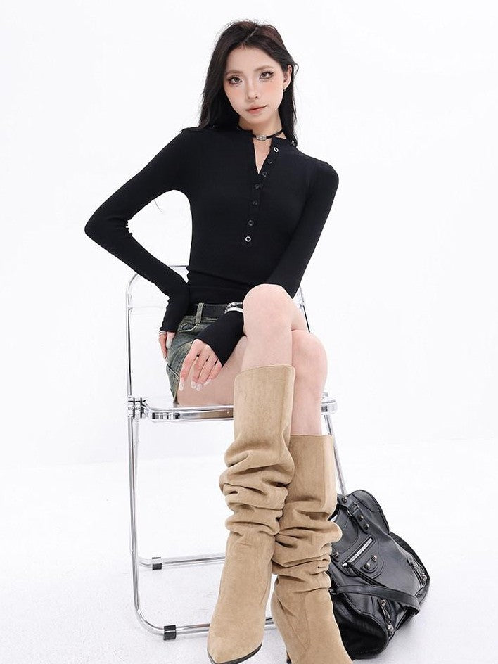 QIUQIU STUDIO Black Stretch Ribbed Open Placket Cross Print Women&