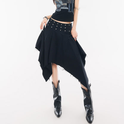 QIUQIU_STUDIO_Black_Studded_Asymmetric_Pleated_A_Line_Mid_Waist_Women&