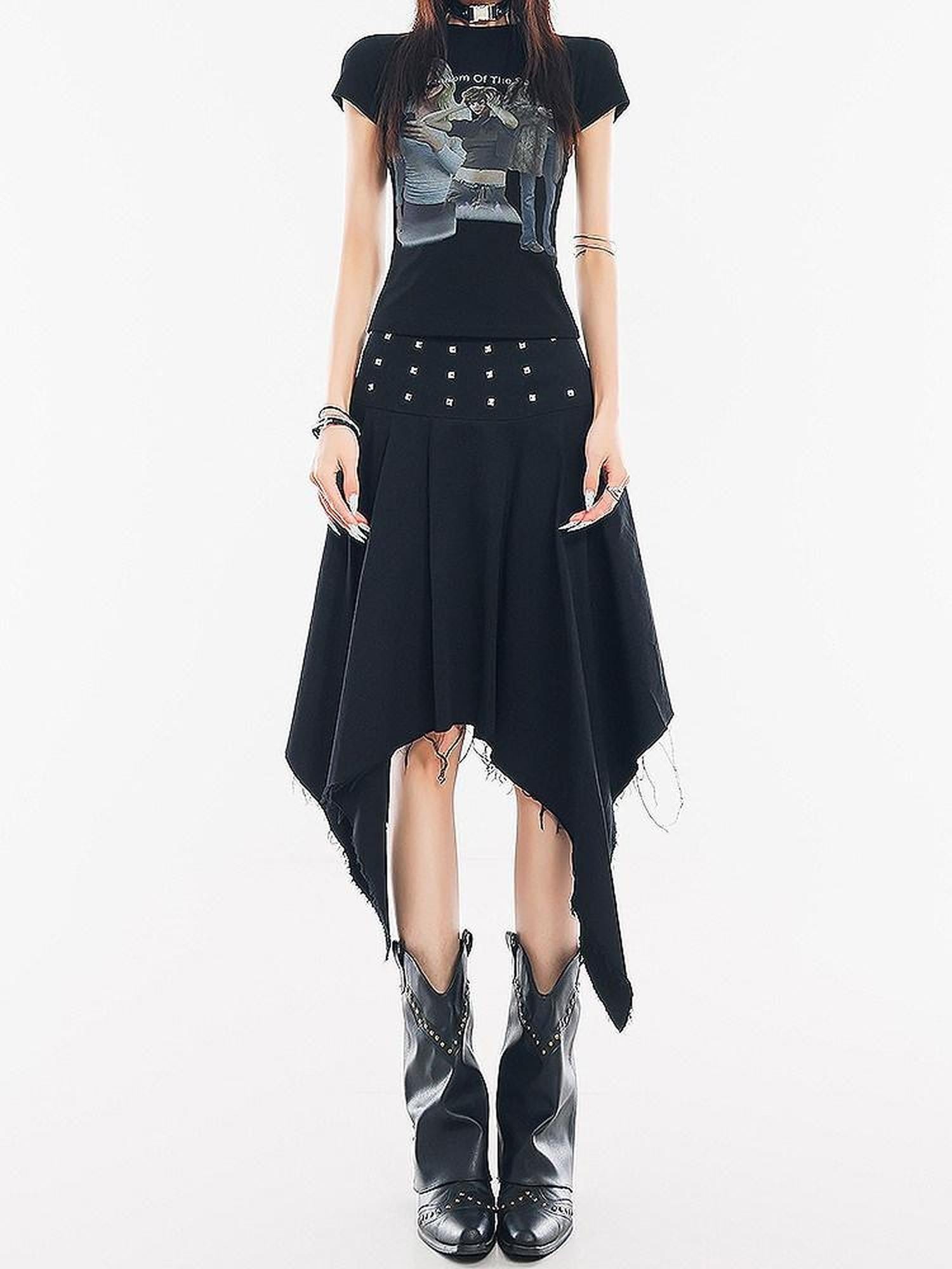 QIUQIU STUDIO Black Studded Asymmetric Pleated A Line Mid Waist Women&