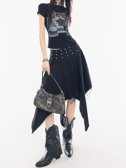 QIUQIU STUDIO Black Studded Asymmetric Pleated A Line Mid Waist Women&