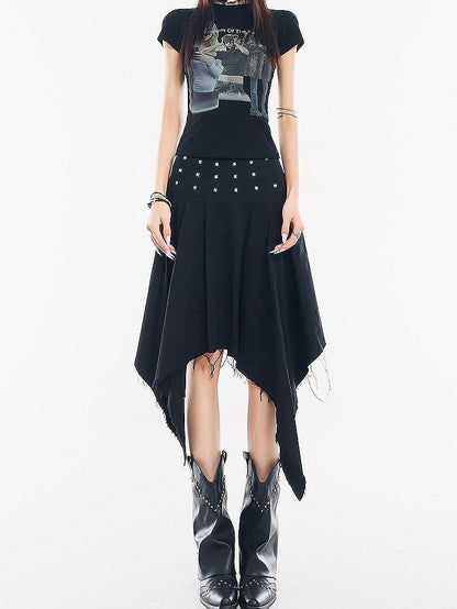 QIUQIU STUDIO Black Studded Asymmetric Pleated A Line Mid Waist Women&