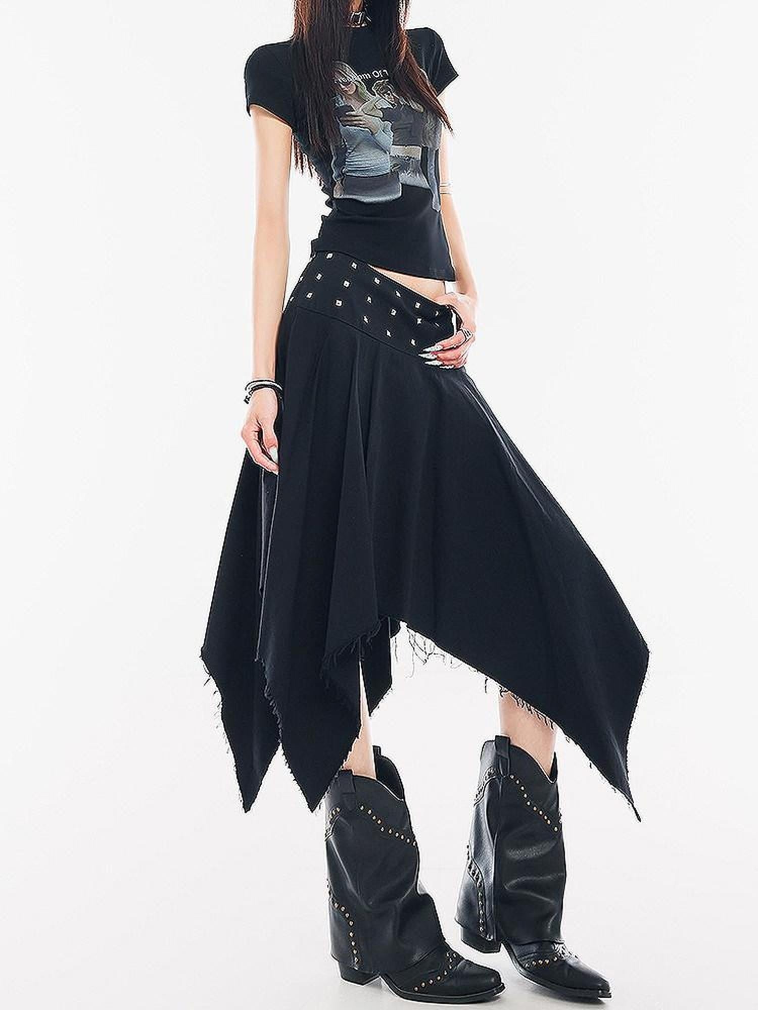 QIUQIU STUDIO Black Studded Asymmetric Pleated A Line Mid Waist Women&