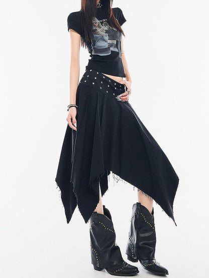 QIUQIU STUDIO Black Studded Asymmetric Pleated A Line Mid Waist Women&