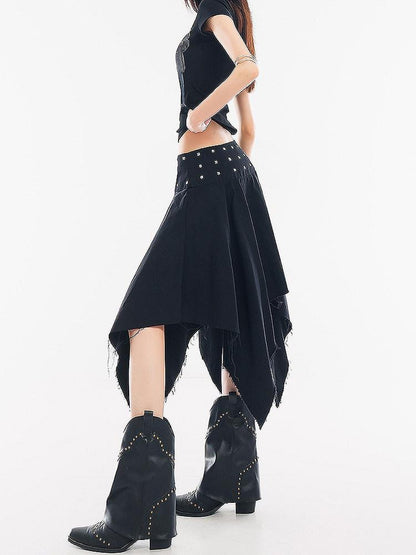 QIUQIU STUDIO Black Studded Asymmetric Pleated A Line Mid Waist Women&