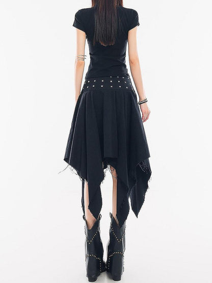 QIUQIU STUDIO Black Studded Asymmetric Pleated A Line Mid Waist Women&