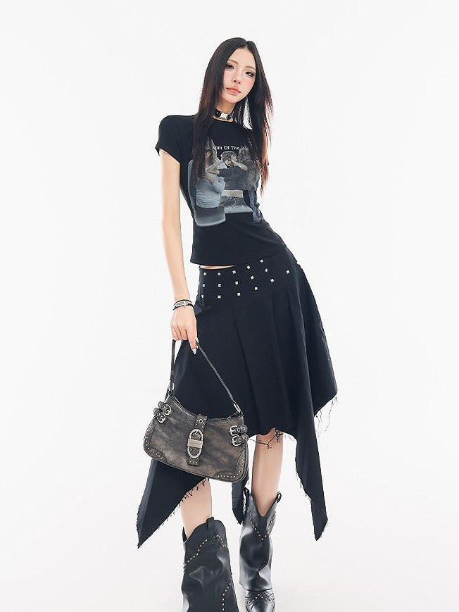 QIUQIU STUDIO Black Studded Asymmetric Pleated A Line Mid Waist Women&