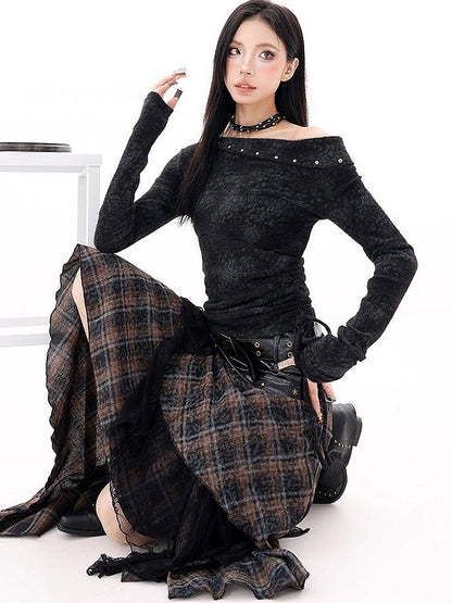QIUQIU STUDIO Black Studded Asymmetrical Shoulder Women&