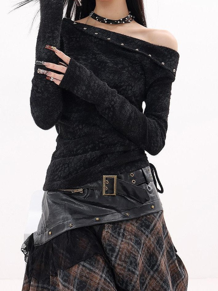 QIUQIU STUDIO Black Studded Asymmetrical Shoulder Women&