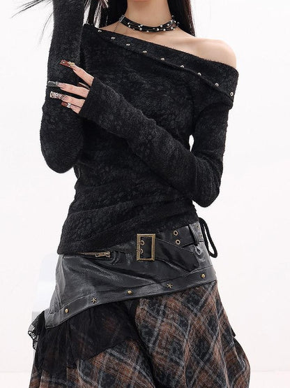 QIUQIU STUDIO Black Studded Asymmetrical Shoulder Women&