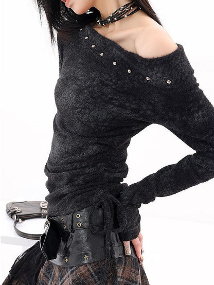 QIUQIU STUDIO Black Studded Asymmetrical Shoulder Women&