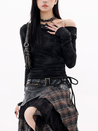 QIUQIU STUDIO Black Studded Asymmetrical Shoulder Women&