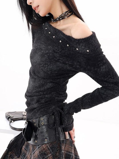 QIUQIU STUDIO Black Studded Asymmetrical Shoulder Women&