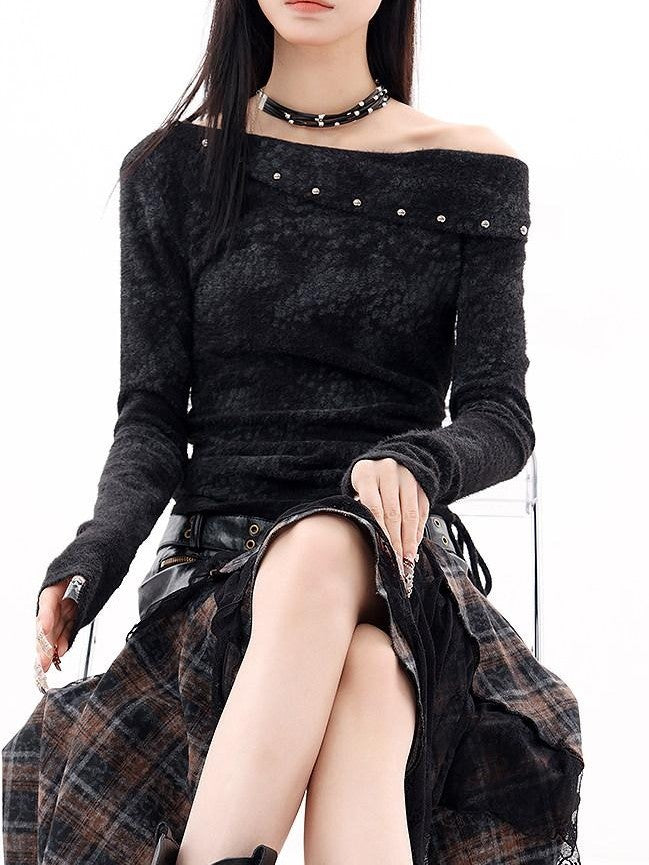QIUQIU STUDIO Black Studded Asymmetrical Shoulder Women&