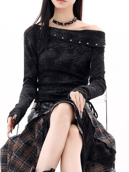 QIUQIU STUDIO Black Studded Asymmetrical Shoulder Women&