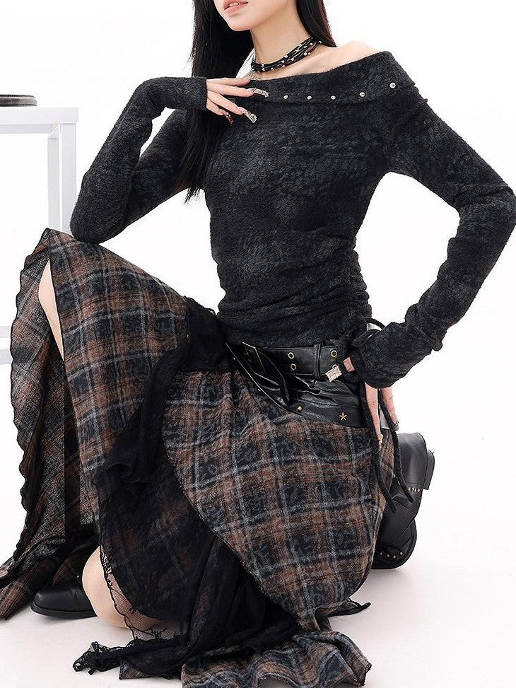 QIUQIU STUDIO Black Studded Asymmetrical Shoulder Women&