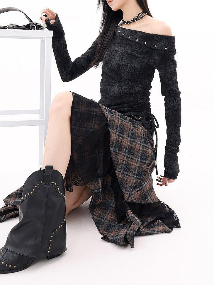 QIUQIU STUDIO Black Studded Asymmetrical Shoulder Women&