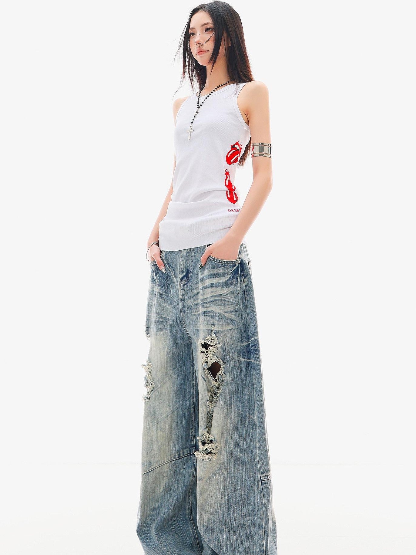 QIUQIU STUDIO Black White Colorblock Printed Knitted Slim Women&