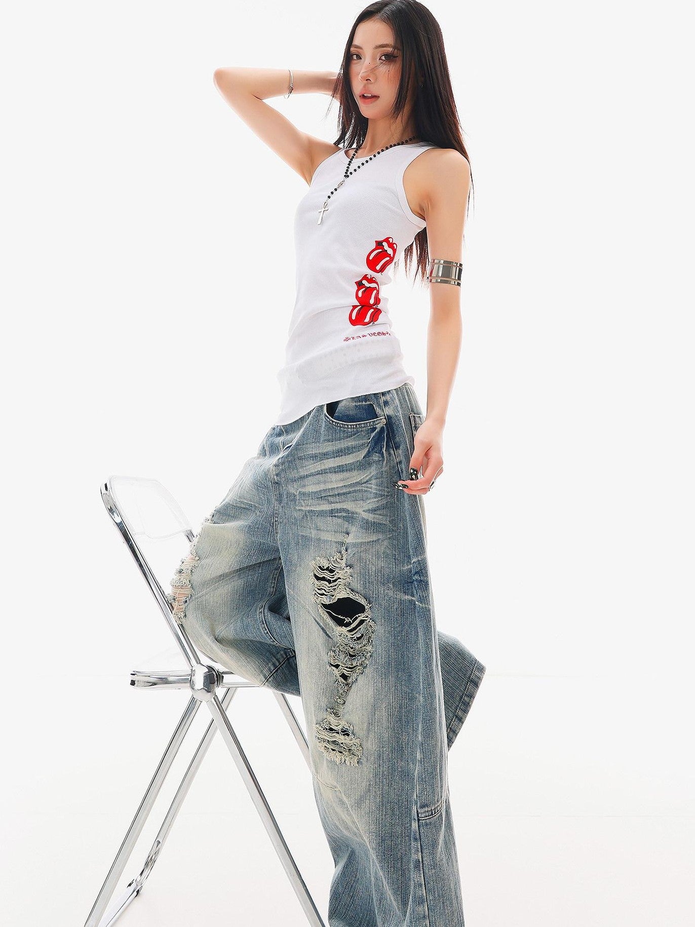 QIUQIU STUDIO Black White Colorblock Printed Knitted Slim Women&