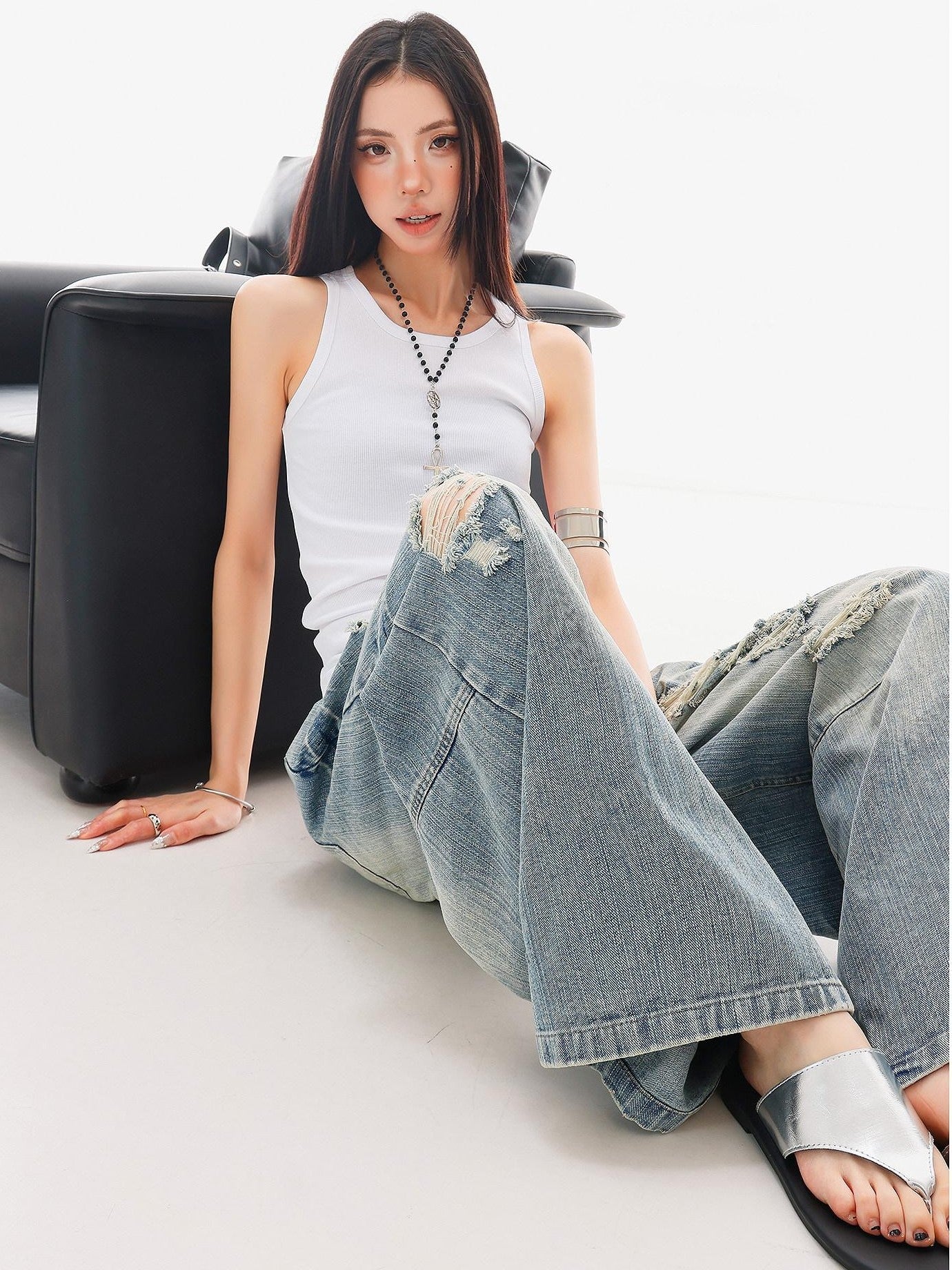 QIUQIU STUDIO Black White Colorblock Printed Knitted Slim Women&