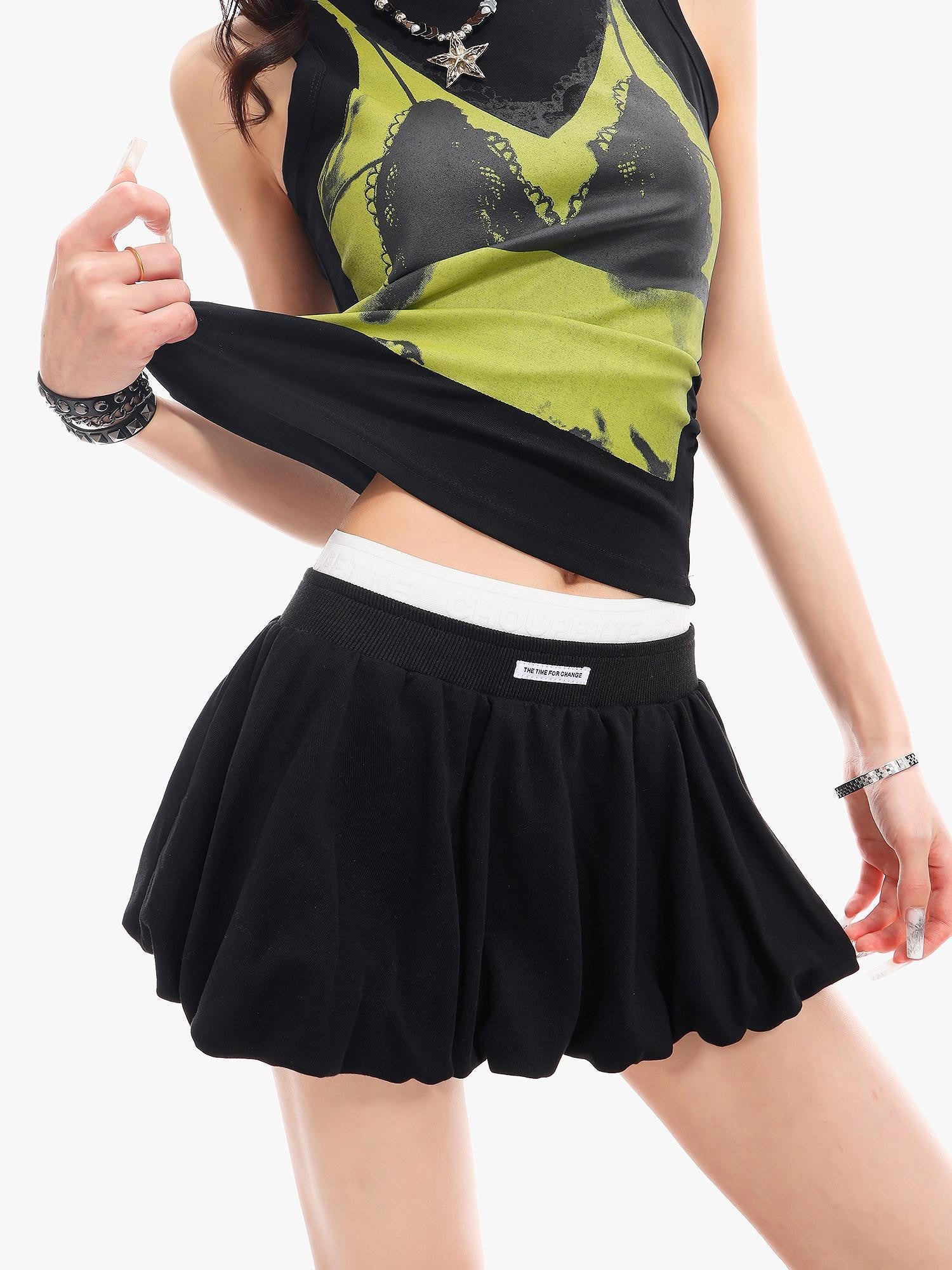 QIUQIU STUDIO Black White Colorblock Puff Pleated A Line Mid Waist Women&