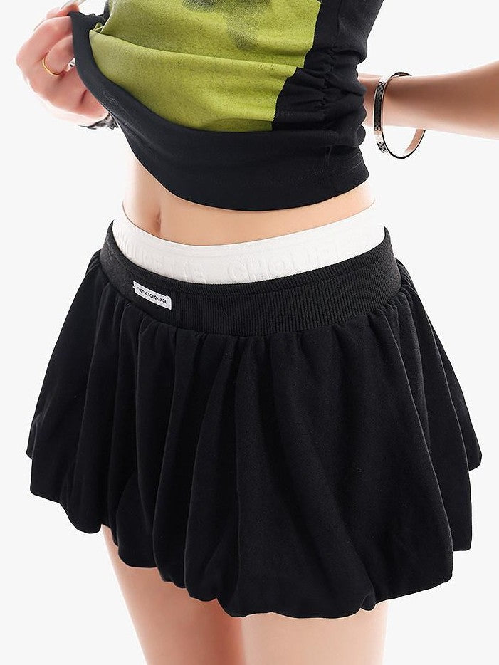 QIUQIU STUDIO Black White Colorblock Puff Pleated A Line Mid Waist Women&