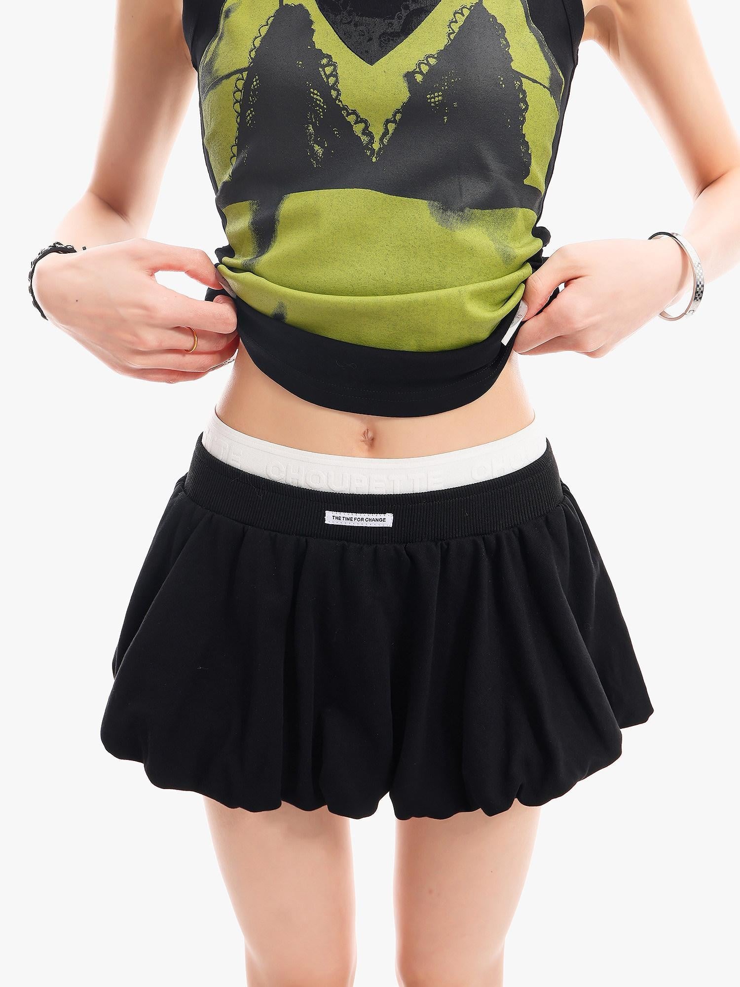 QIUQIU STUDIO Black White Colorblock Puff Pleated A Line Mid Waist Women&
