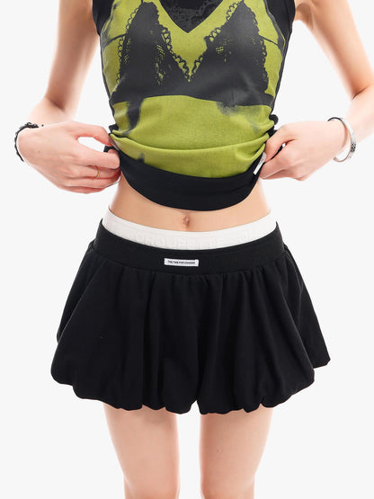 QIUQIU STUDIO Black White Colorblock Puff Pleated A Line Mid Waist Women&