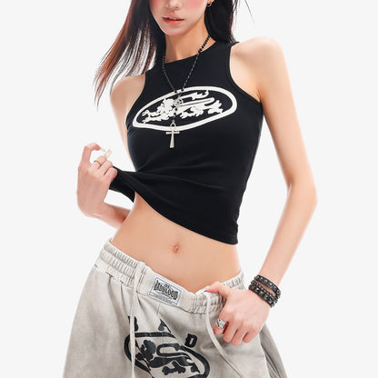 QIUQIU_STUDIO_Black_White_Contrast_Creative_Print_Racerback_Round_Neck_Women&
